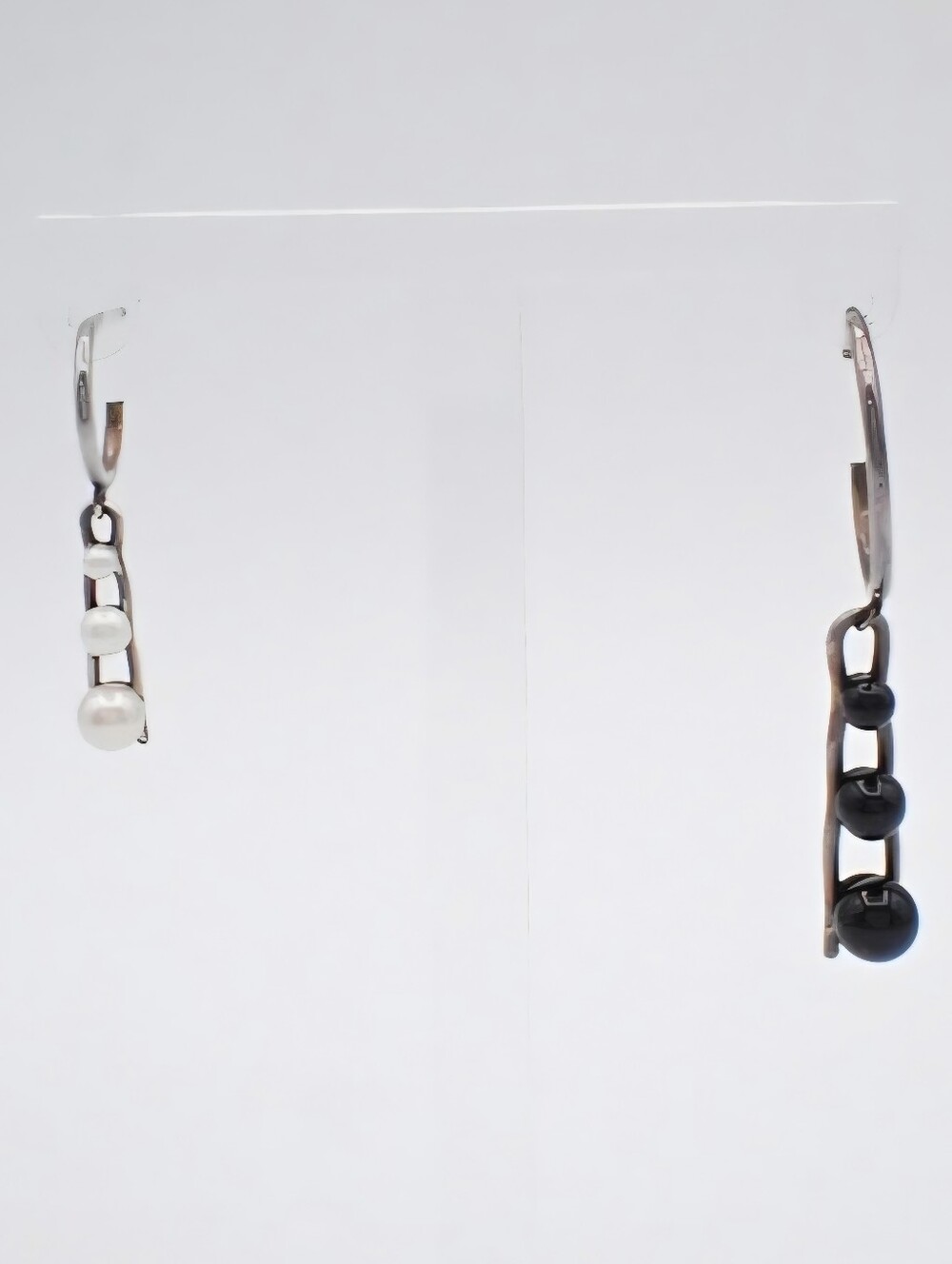 YSL Saint Laurent Silver Drop Earrings with Black and White Beads Pierced Hoops